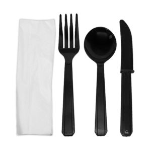 Plastic Knife/Spoon/Fork/Napkin 4pcs Kit Heavy Duty (black) (U2200B)